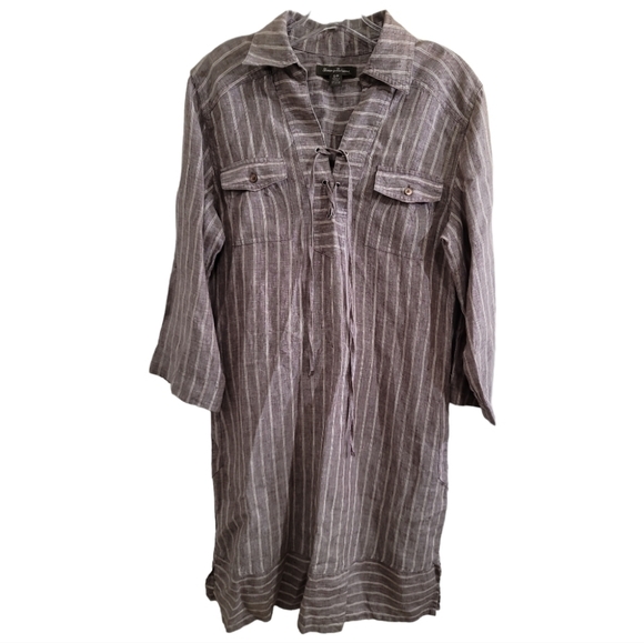 Tommy Bahama Linen Striped Dress Small Neutral Long Sleeve Lace-up Neck Pockets - Picture 1 of 7